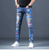 Slim Fit Korean Streetwear Graphical Printed Luxury Hip-Hop Stretch Denim Jeans for Men - Perfect Medium Wash Jeans Outfit